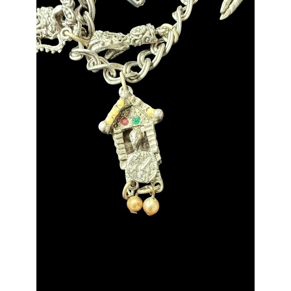 Vintage Silver-Tone Link Chain 9 Filigree Gem Charm Bracelet 7.5” - Picture 6 of 14